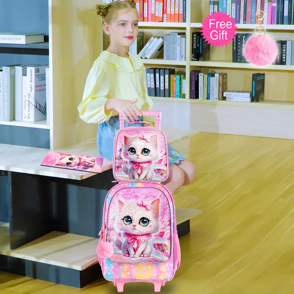 4 Piece Girls Cat Roller Backpack Set For School