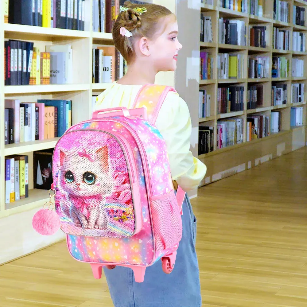 4 Piece Girls Cat Roller Backpack Set For School