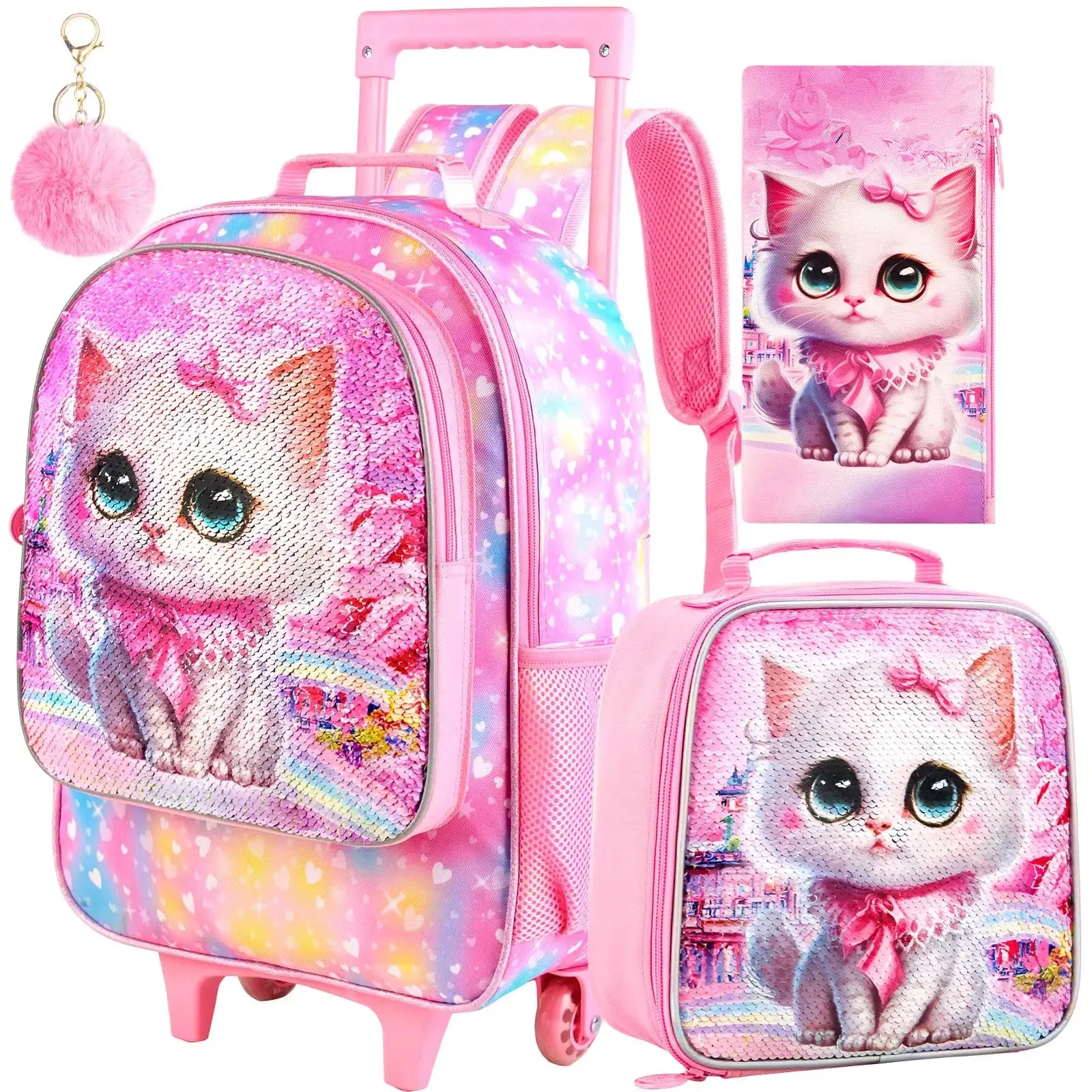 4 Piece Girls Cat Roller Backpack Set For School