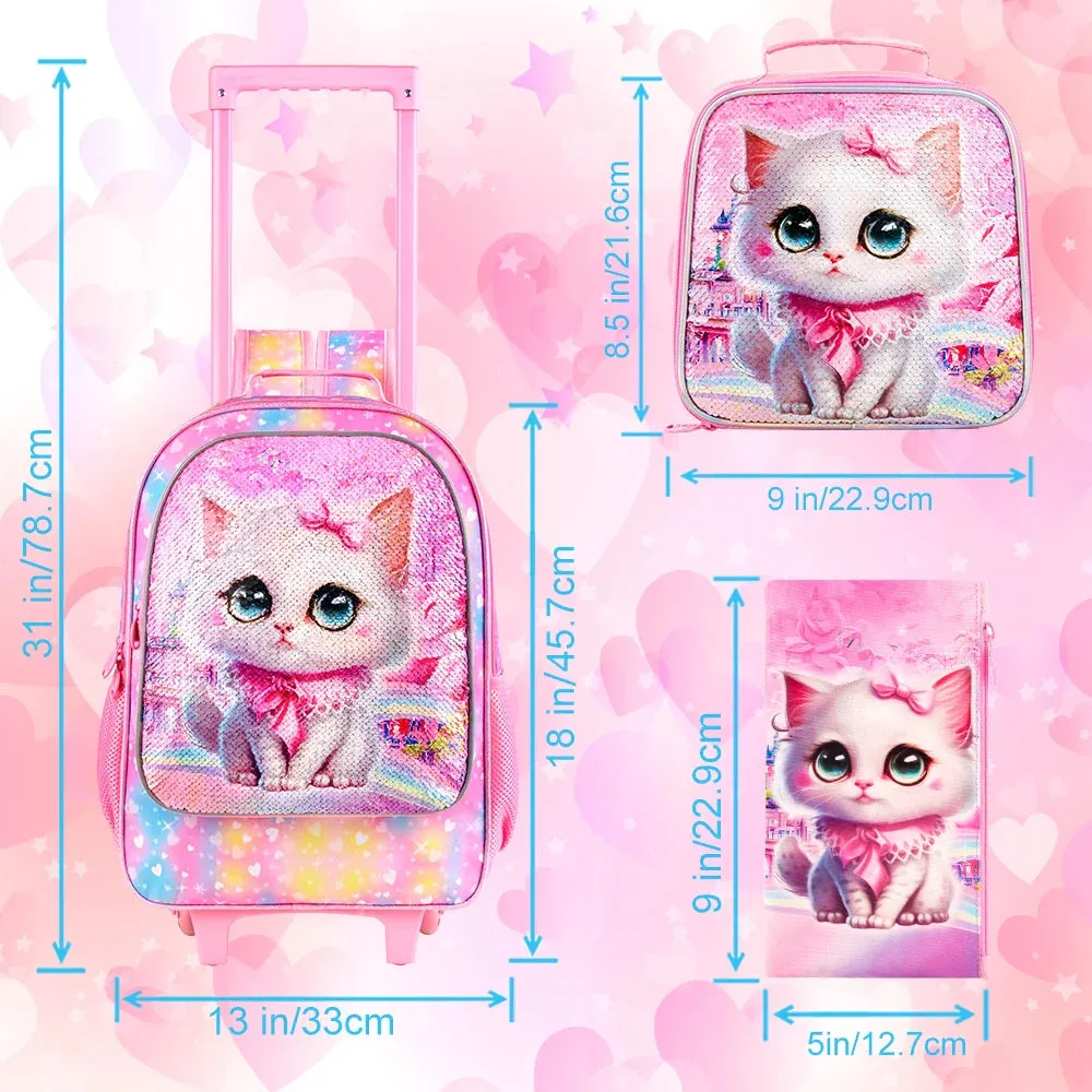 4 Piece Girls Cat Roller Backpack Set For School