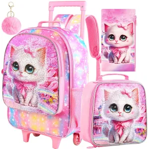 4 Piece Girls Cat Roller Backpack Set For School