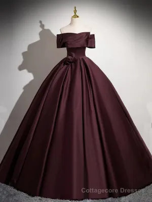 A-Line Off the Shoulders Satin Maroon Long Prom Dress, Maroon Long Formal Dress