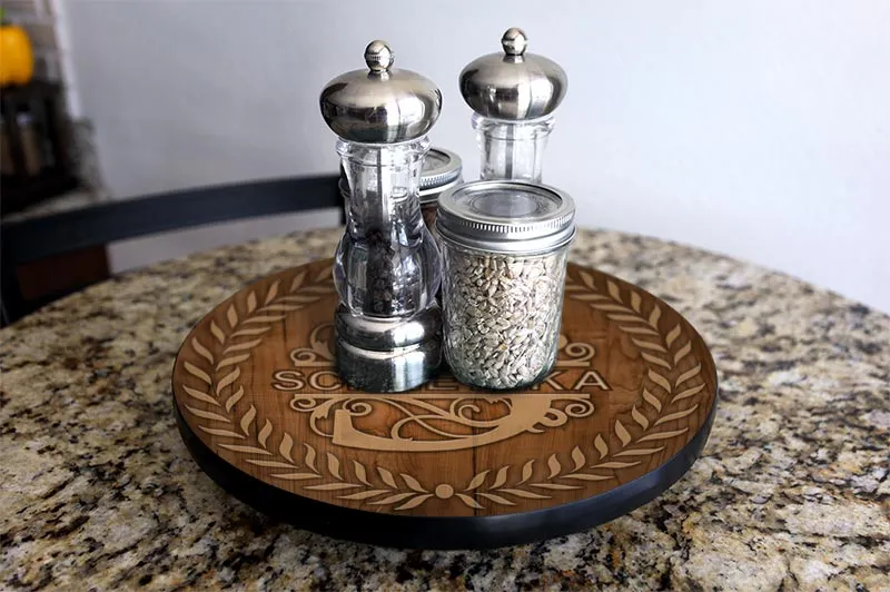 ADD YOUR NAME Lazy Susan - DARK WOOD with Leaves - 3 Different Sizes - Table Top