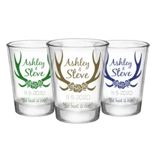 CUSTOMIZABLE - 1.75oz Clear Wedding Shot Glass - Antlers (Version 2)