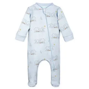 Feather Baby Zipper Footie - Campsite on Baby Blue