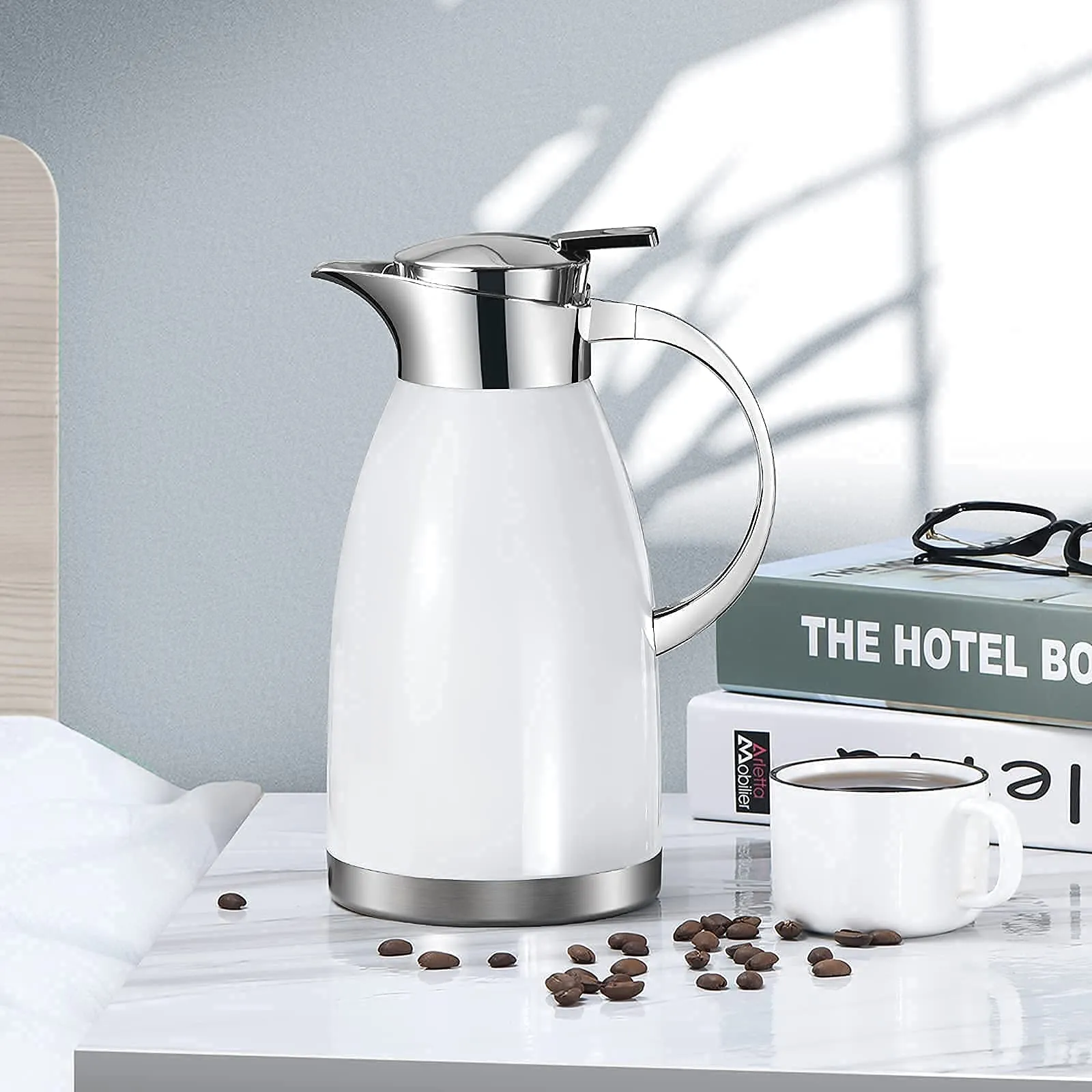 Haosens Thermal Carafes (64 Oz) 18/8 Stainless Steel - Doubl walled Vacuum insulated for Tea, Water and Coffee (White)