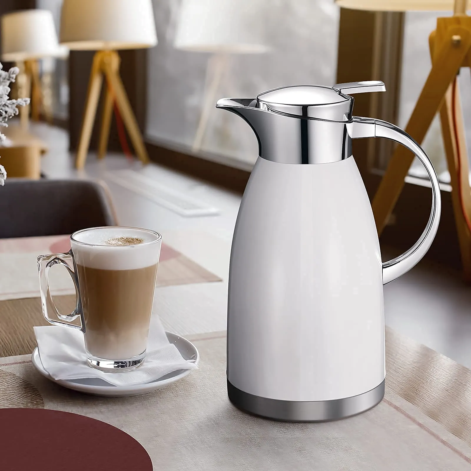 Haosens Thermal Carafes (64 Oz) 18/8 Stainless Steel - Doubl walled Vacuum insulated for Tea, Water and Coffee (White)