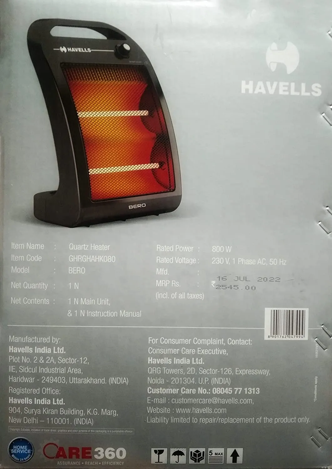 Havells Bero Quartz Heater Black 800w 2 Heat Settings 2 Year Product Warranty GHRGHAHK080