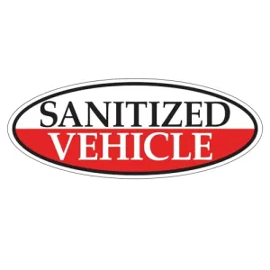Sanitized Vehicle Red Oval Window Sticker for Car Dealerships - 14" x 5.5" - Premium Removable Vinyl, Durable and Weatherproof - Easy Installation with Slit Backing