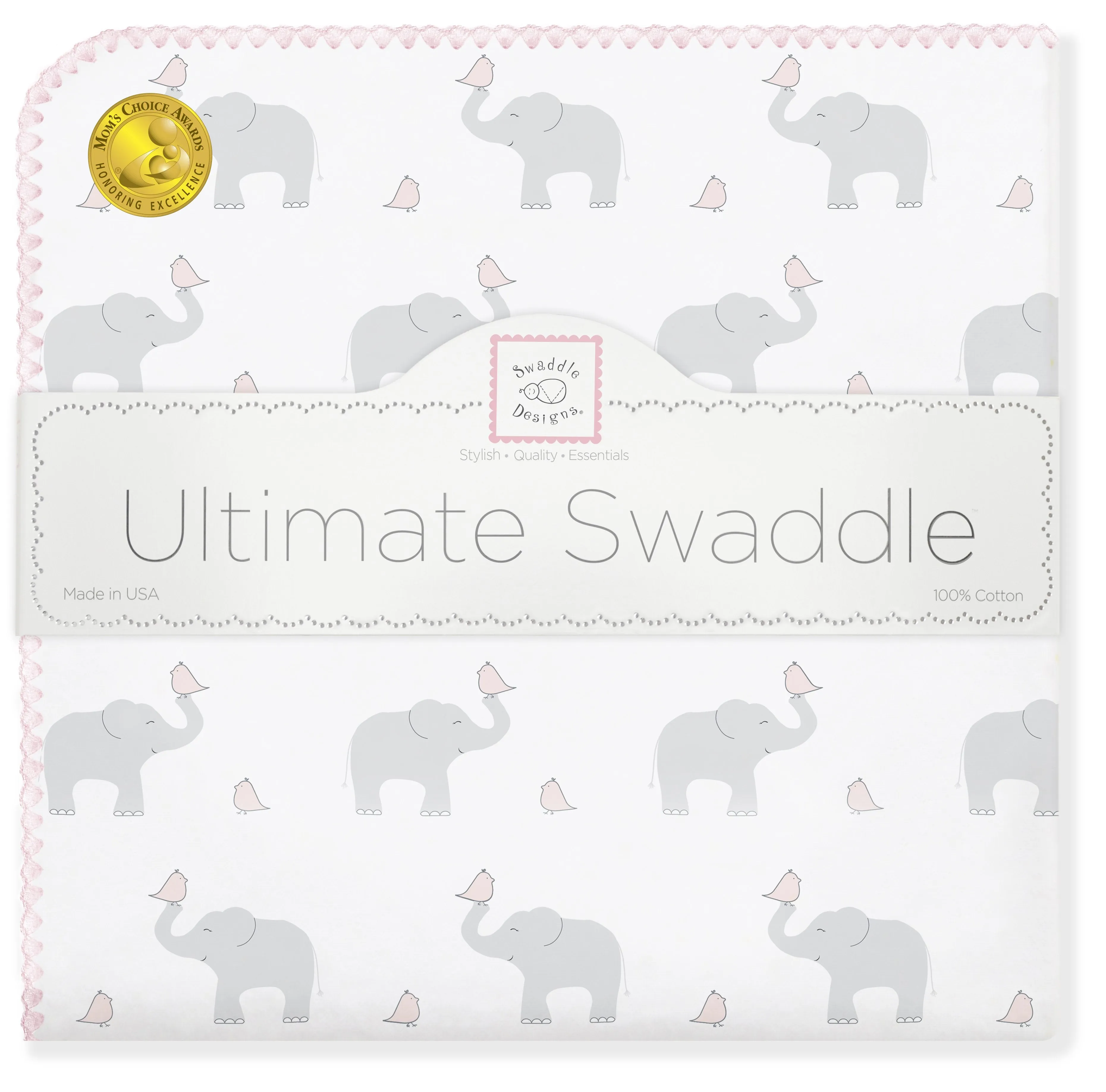 Ultimate Swaddle Blanket - Elephant & Chickies, Pastel Pink