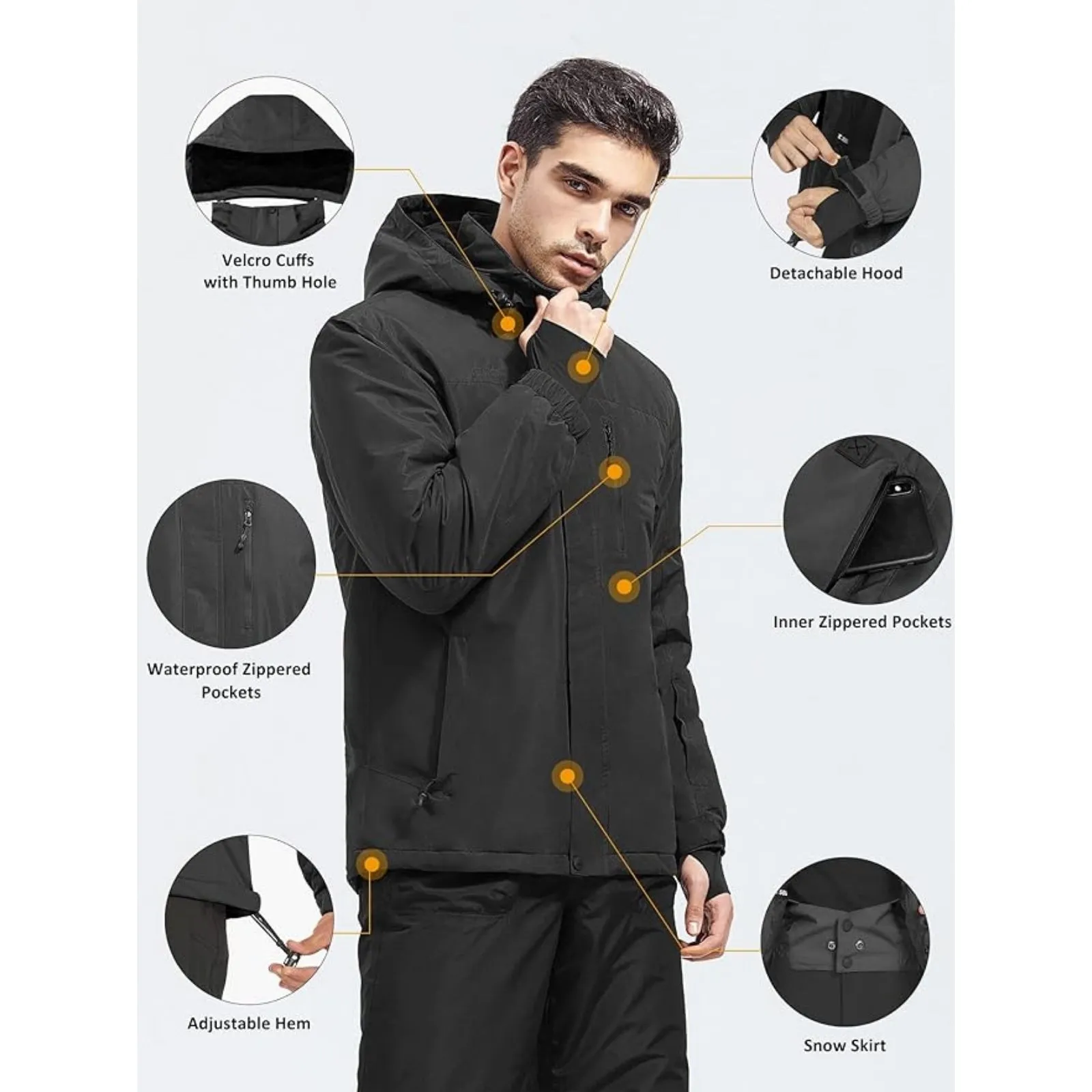 WHALE Men's Waterproof Fleece Lined Ski Jacket
