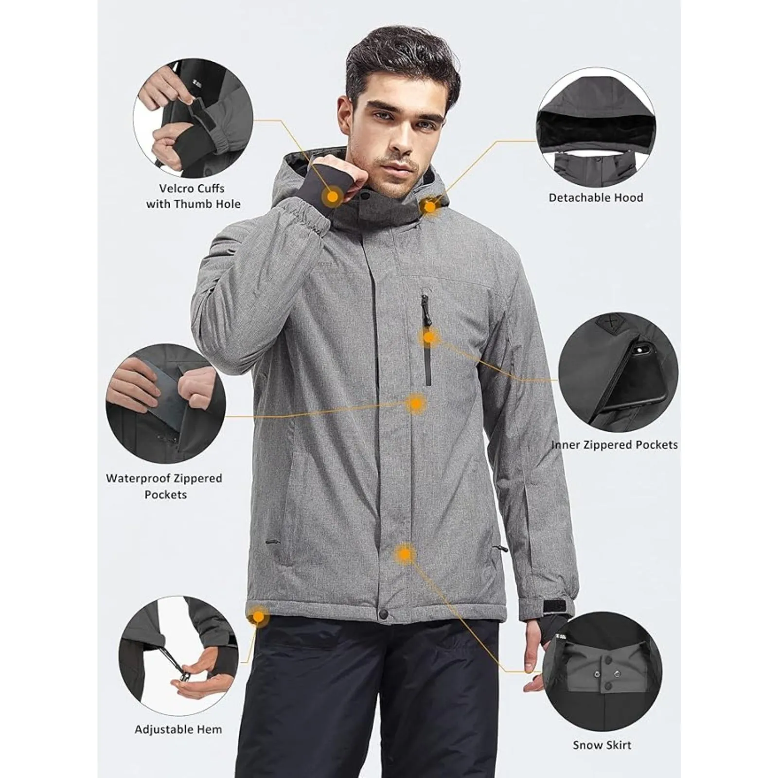 WHALE Men's Waterproof Fleece Lined Ski Jacket