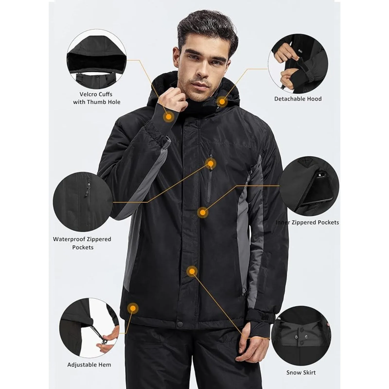 WHALE Men's Waterproof Fleece Lined Ski Jacket