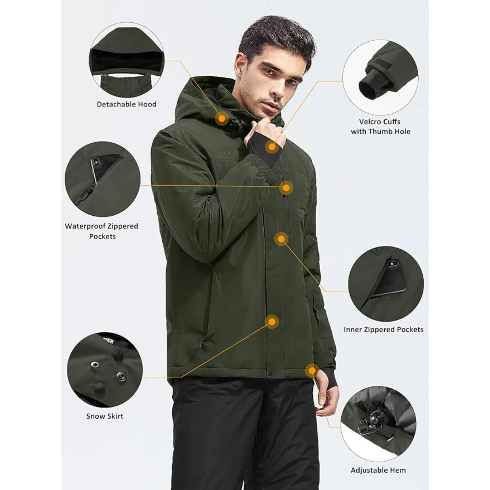 WHALE Men's Waterproof Fleece Lined Ski Jacket
