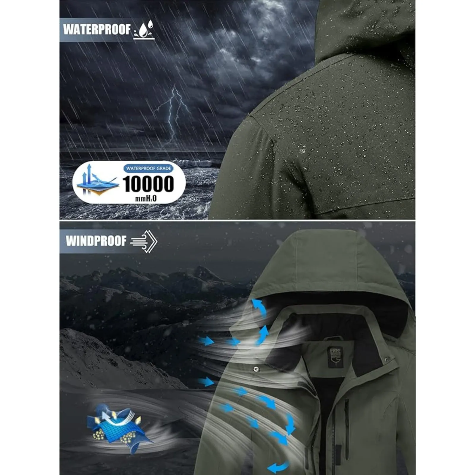 WHALE Men's Waterproof Fleece Lined Ski Jacket