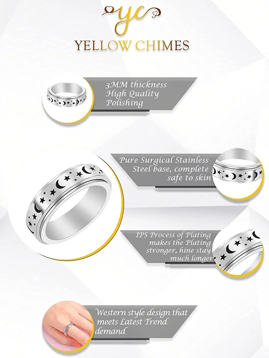 Yellow Chimes Spinner Rings For Women Silver Toned Stainless Steel Stress Relieving Rotatable Spinner Ring for Women and Girls (Size US 8)