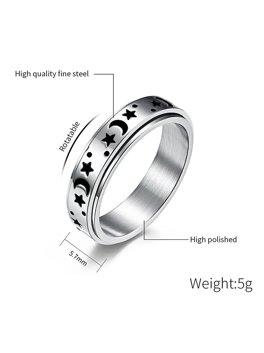 Yellow Chimes Spinner Rings For Women Silver Toned Stainless Steel Stress Relieving Rotatable Spinner Ring for Women and Girls (Size US 8)