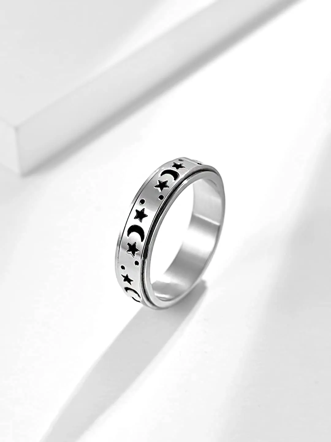Yellow Chimes Spinner Rings For Women Silver Toned Stainless Steel Stress Relieving Rotatable Spinner Ring for Women and Girls (Size US 8)
