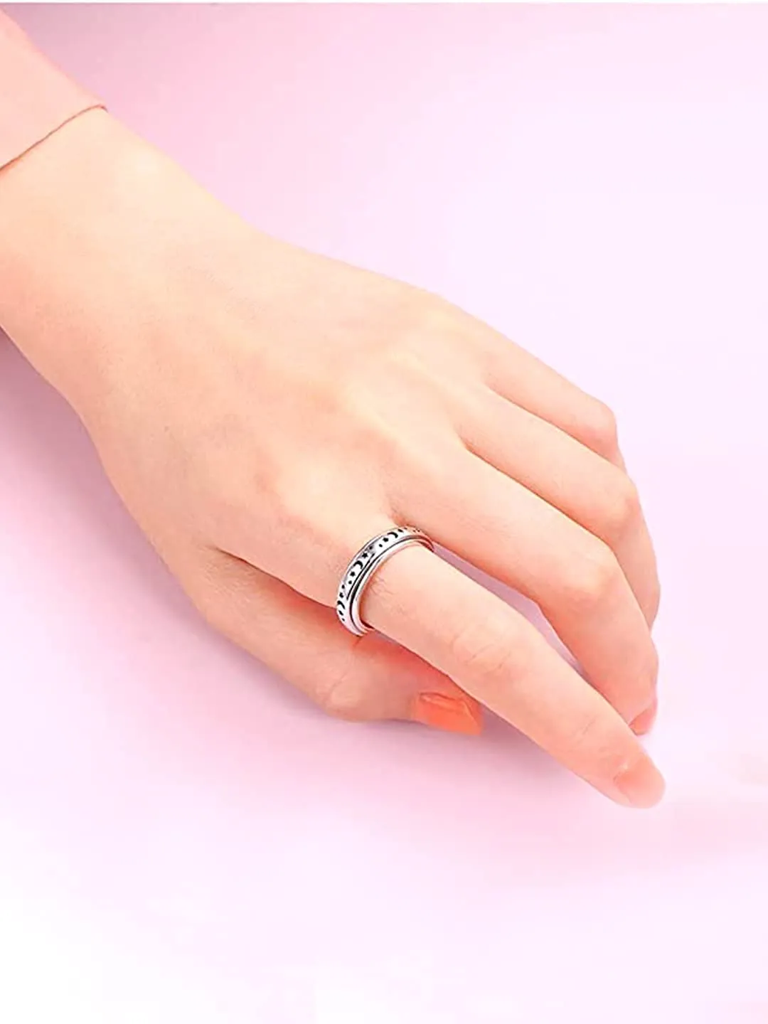 Yellow Chimes Spinner Rings For Women Silver Toned Stainless Steel Stress Relieving Rotatable Spinner Ring for Women and Girls (Size US 8)